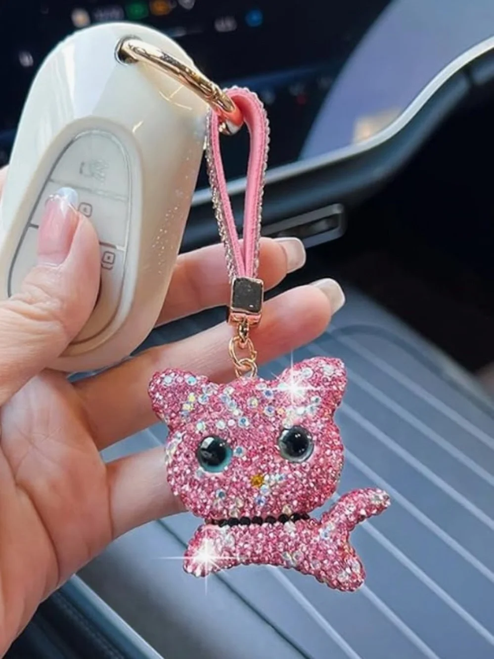 Pink Crystal Cat bag charm Keychain Wristlet